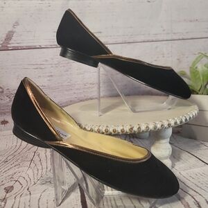 NWOT Silhouettes Women's Black Fabric/Suede Ballet Flats Gold Trim Round Toe"